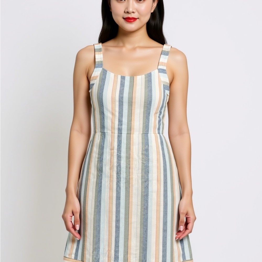 For Cynthia Linen Blend Side Button Striped
Sleeveless Dress Medium